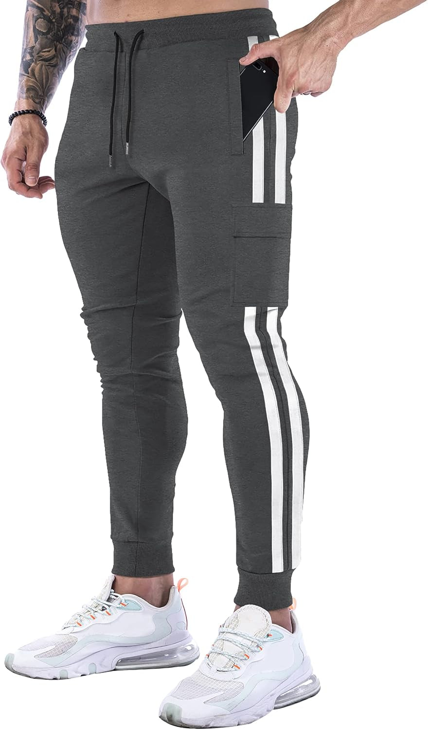 Men'S Cargo Jogger Pants Slim Fit Striped Athletic Sweatpants Gym Workout Running Track Trousers(Dark Grey US X-Large)