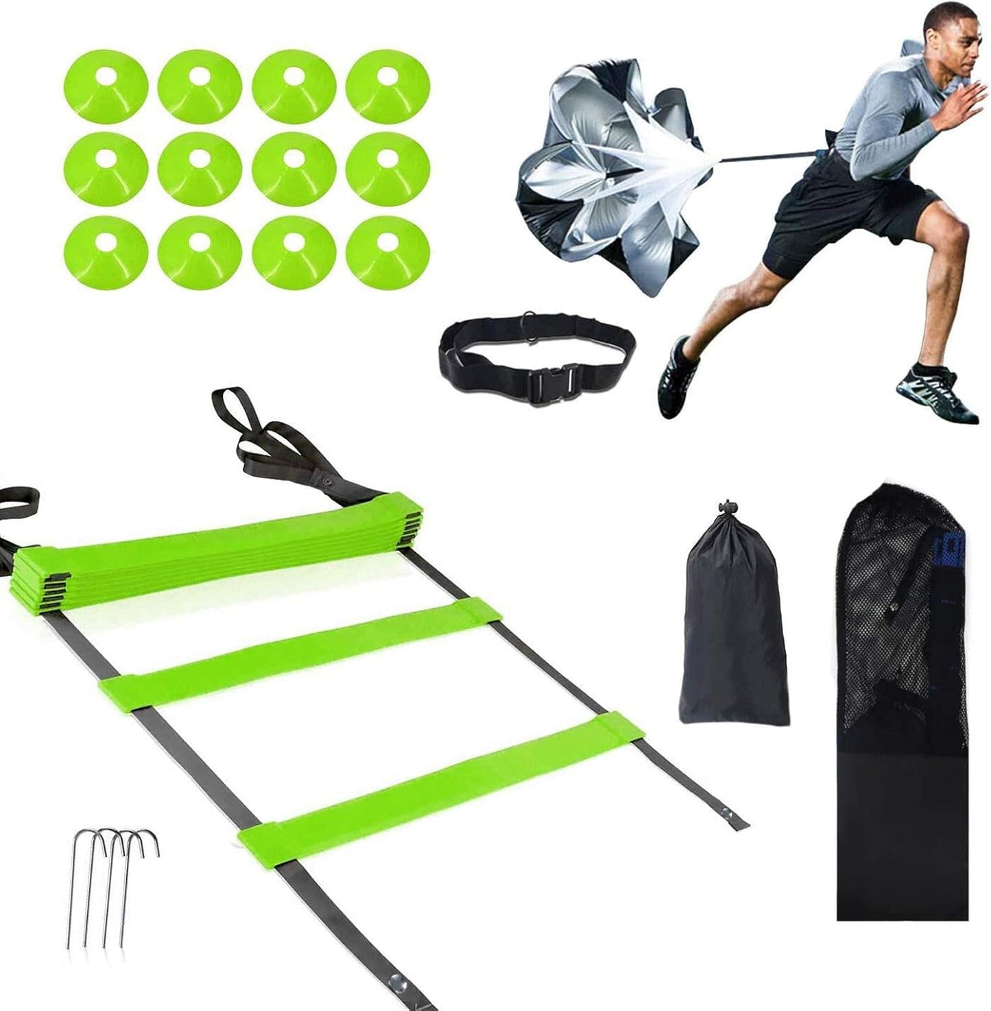 Speed Agility Training Set - Adjustable Rung Speed Ladder with 12 Disc Cones for Football, Workout, Footwork Training - Includes Resistance Parachute, 4 Metal Stakes(Green)
