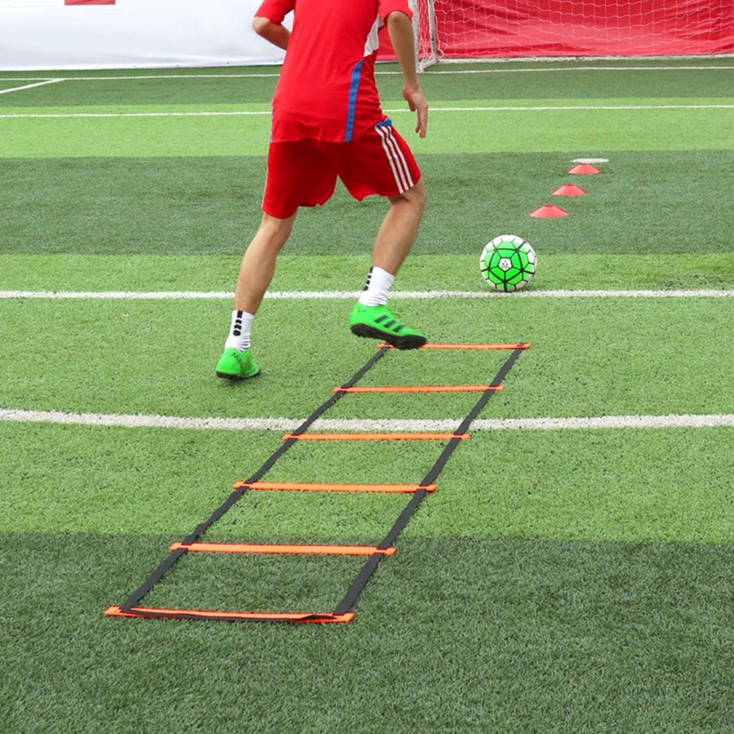 Speed Agility Training Set - Adjustable Rung Speed Ladder with 12 Disc Cones for Football, Workout, Footwork Training - Includes Resistance Parachute, 4 Metal Stakes(Green)