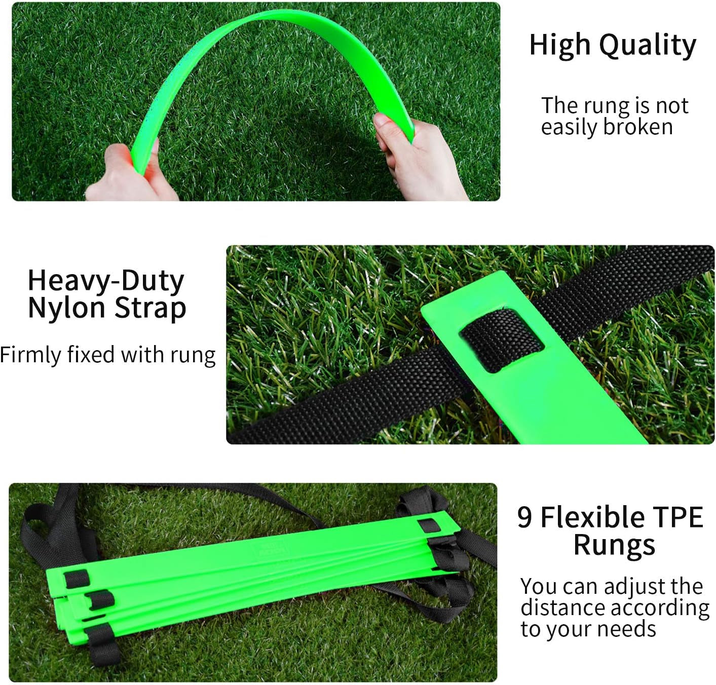 Speed Agility Training Set - Adjustable Rung Speed Ladder with 12 Disc Cones for Football, Workout, Footwork Training - Includes Resistance Parachute, 4 Metal Stakes(Green)