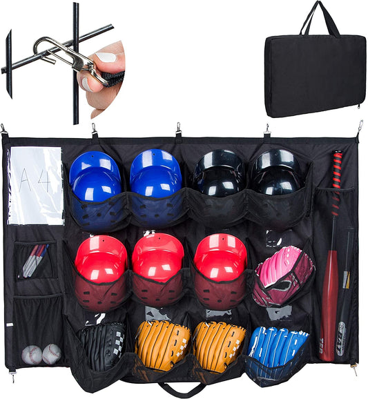 Hanging Helmet Bag - Organize Baseball Equipment - Helmets, Gloves, Bats, Balls - 12 Player Dugout Storage